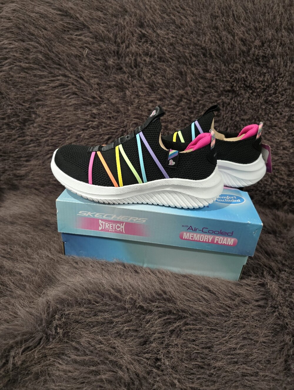 Skechers Black Slip-On Sneakers with Rainbow Stripes
